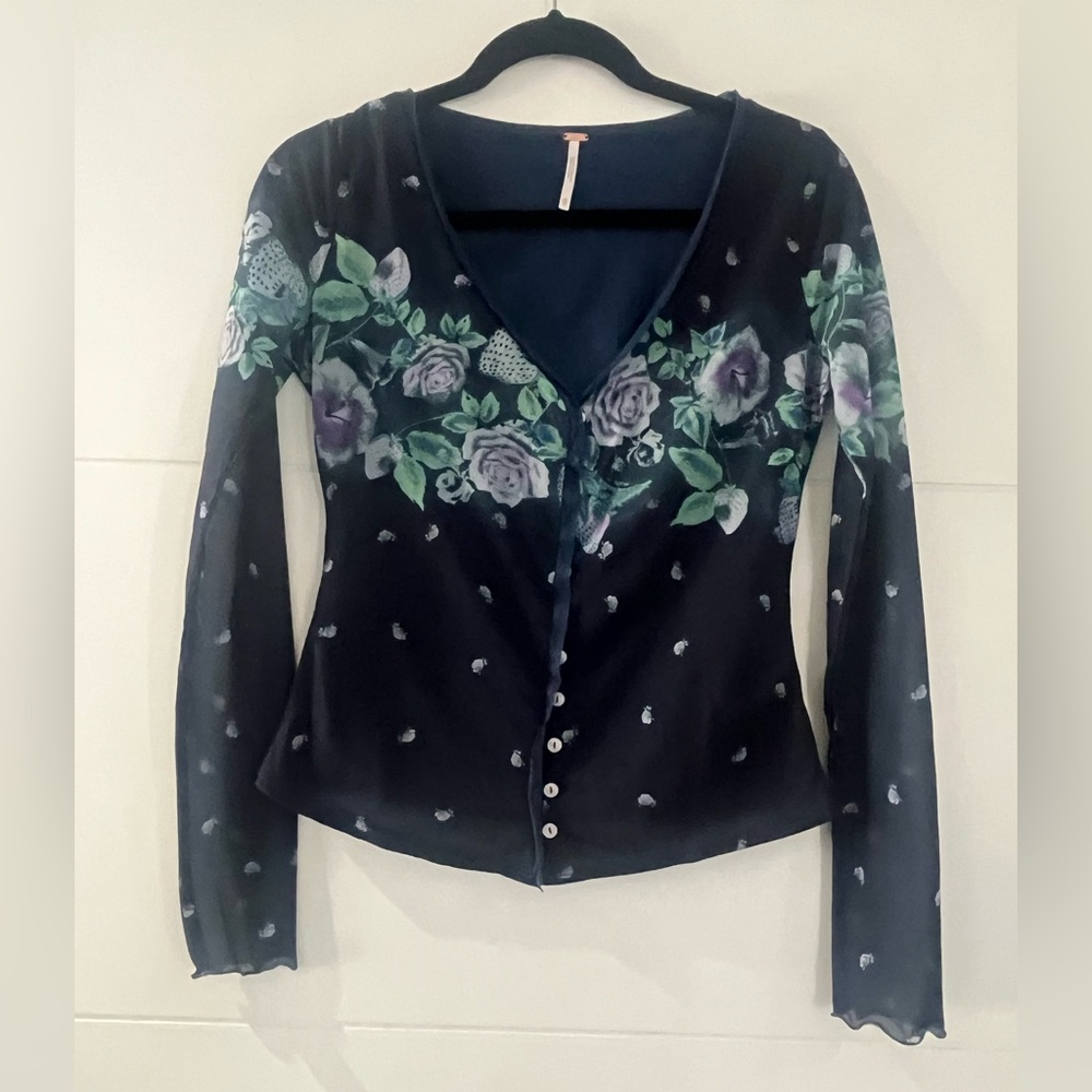 Free People Floral Sheer V-Neck Long Sleeve Top, Women’s XS in Blues and Greens